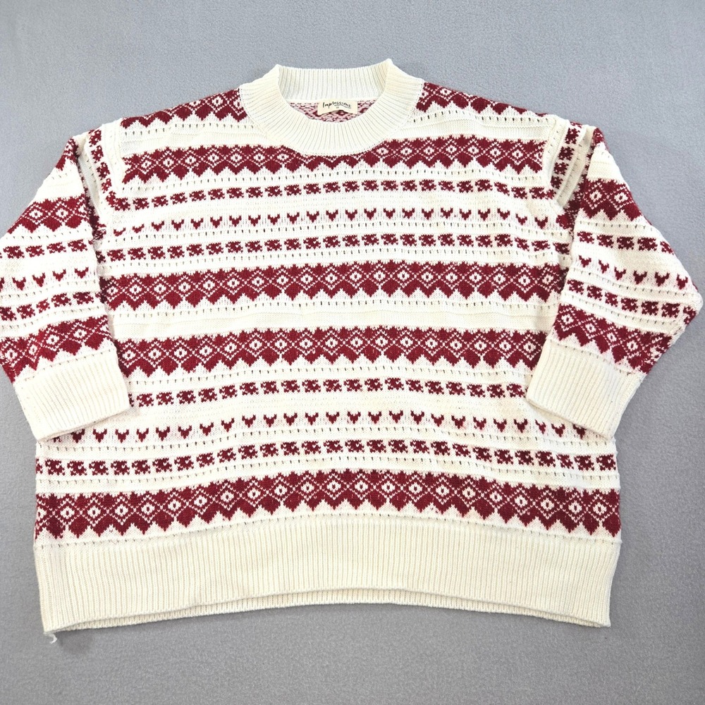 Impressions Fair Isle Sweater Women 1X/2X Ivory Red Knit Crew Neck Pullover